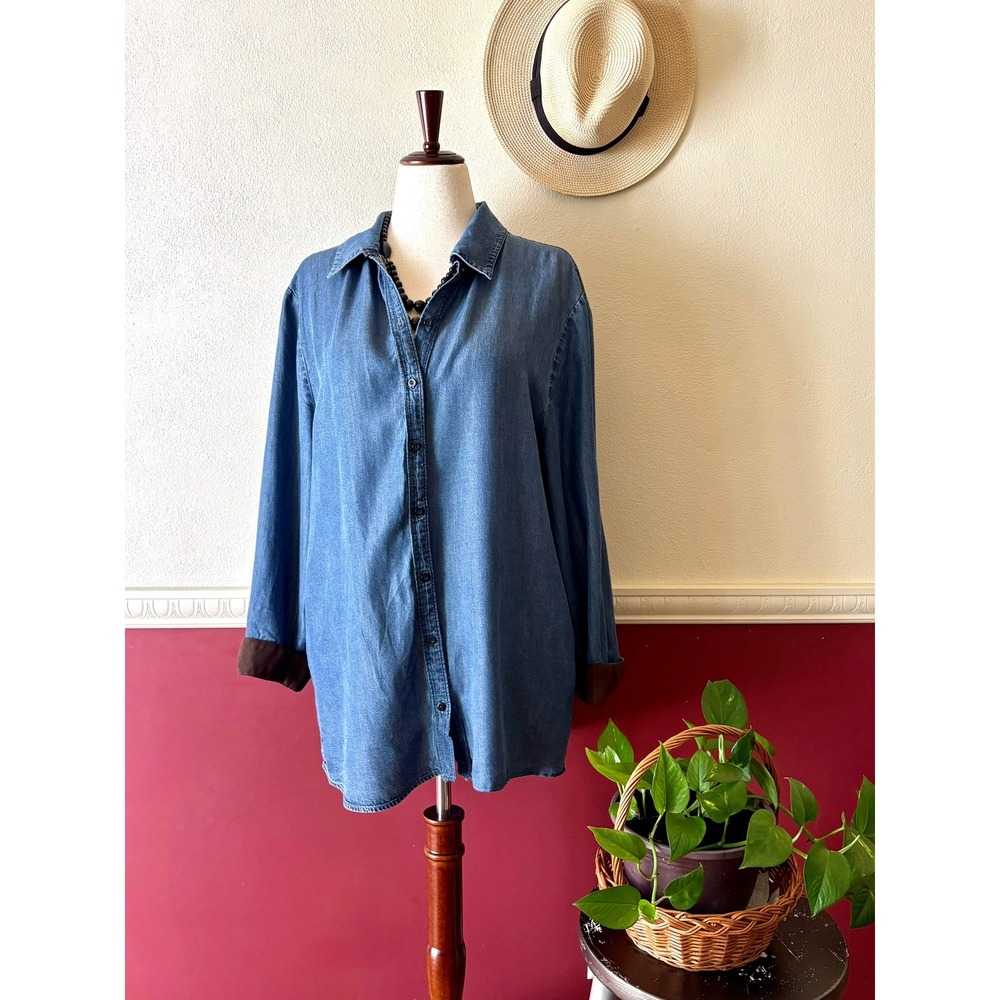Vintage Soft Surroundings Blue Chambray Button Down Tunic Top Brown Trim Size XL